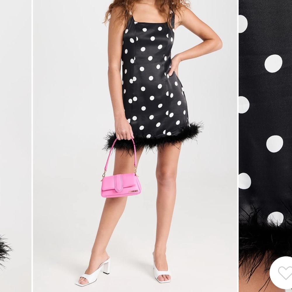 Chic Black Polka Dot Dress with Feather Trim - Picture 4 of 14